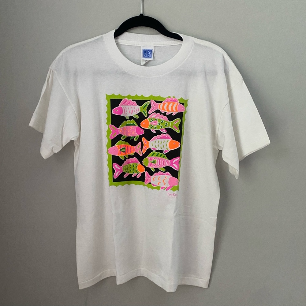 New NWOT vintage Tini Kini Swimwear by Cary colorful fish tee t-shirt kids 14 /S
